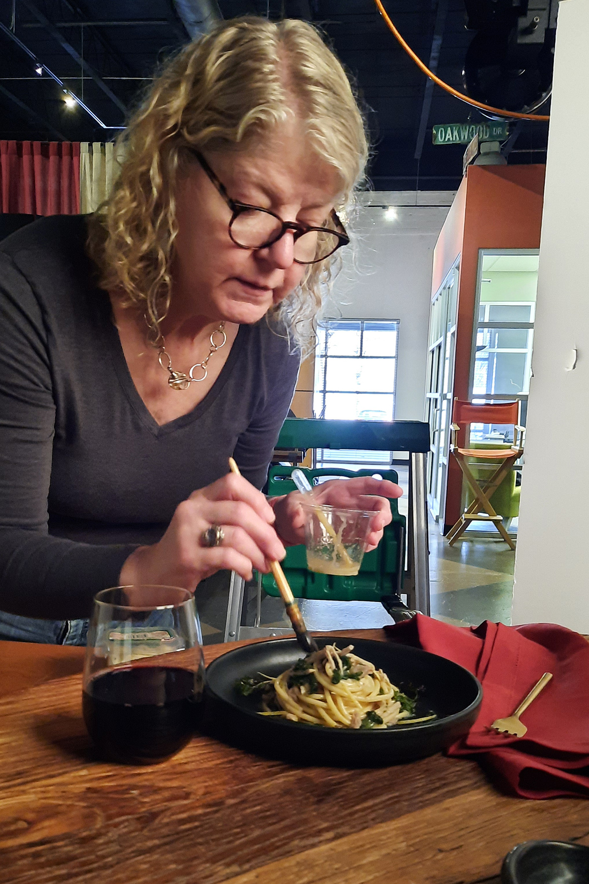 Atlanta food stylist Peg Blackley working on a pasta dish for a Barilla shoot.